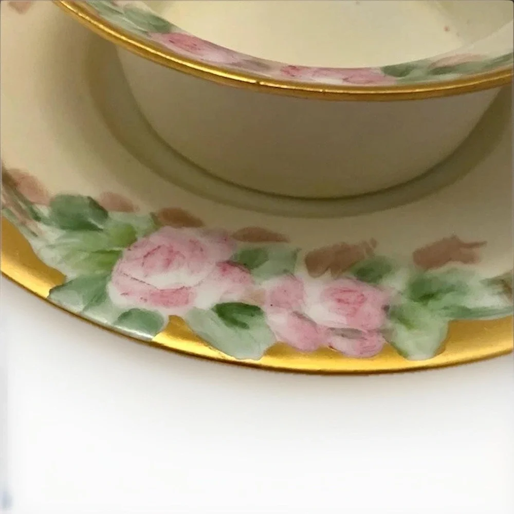 Antique Ramekin and Saucer Weimar Regency Side Dish Hand Painted Gold Rose VTG